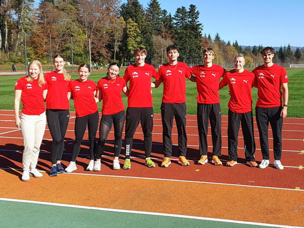 Meret Baumgartner, Valérie Guignard, Emma Van Camp, Chloé Rabac, Fabio Küchler, Ramón Wipfli, Valentin Imsand, Justin Fournier, Andrin Huber (Photo: Swiss Athletics)