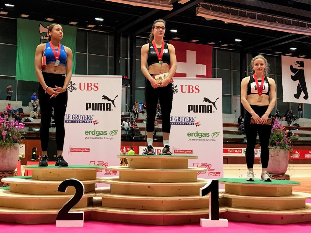 Siegerehrung 60 m U20 Frauen an der Nachwuchs-Hallen-SM 2018 in St. Gallen (Photo: Swiss Athletics)