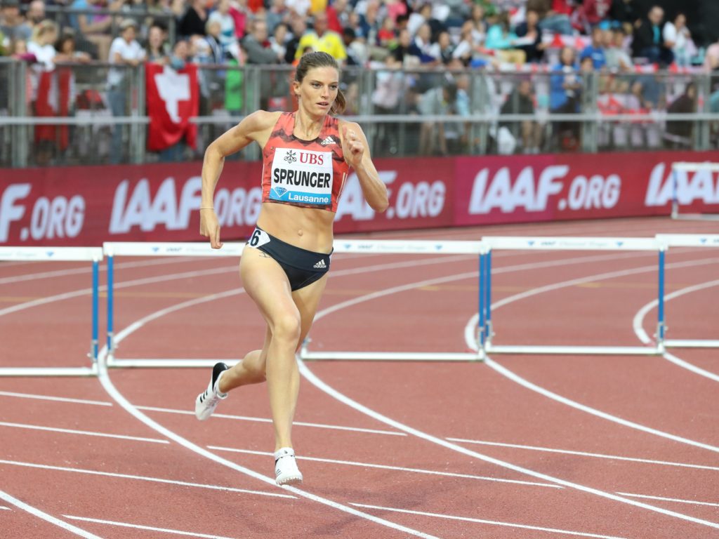 Lea Sprunger im 400 m Hürden Rennen bei Athletissima Lausanne 2018 (Photo: athletix.ch)