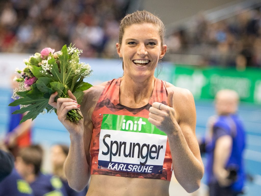 Lea Sprunger nach ihrem 400-m-Lauf beim Hallenmeeting 2018 in Karlsruhe (Photo: athletix.ch)