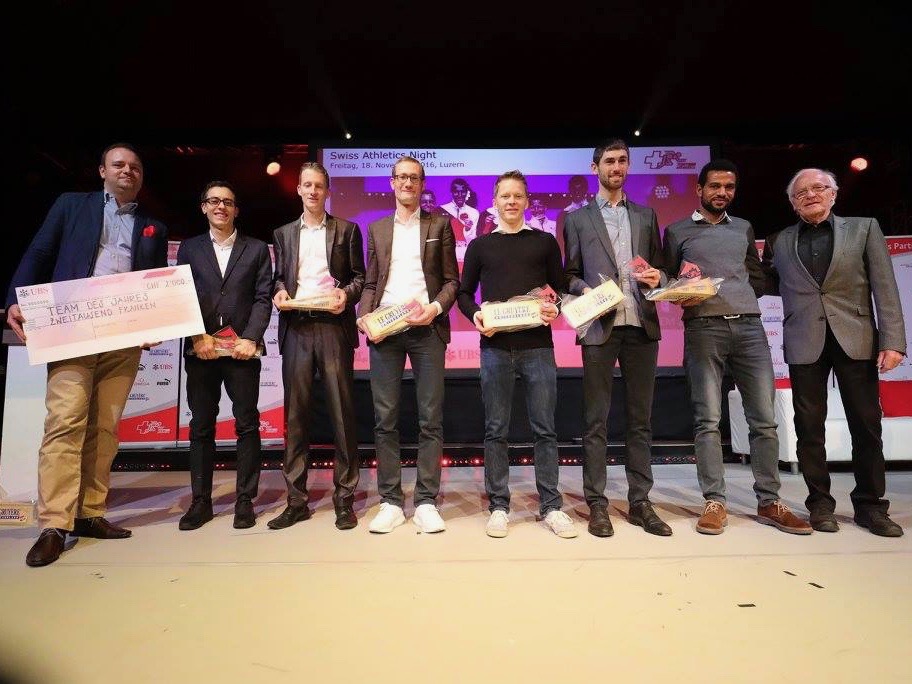 Team des Jahres mit Andreas Kempf, Marcel Berni, Christian Kreienbühl, Adrian Lehmann, Julien Lyon und Tadesse Abraham bei der Swiss Athletics Night 2016 in Luzern