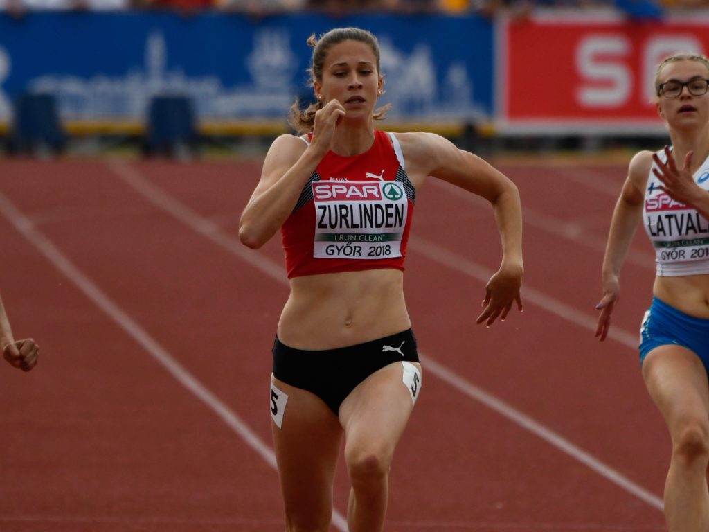 Nadja Zurlinden an der U18-EM in Györ 2018 auf dem Weg zu ihrer Halbfinal-Qualifikation über 200 m